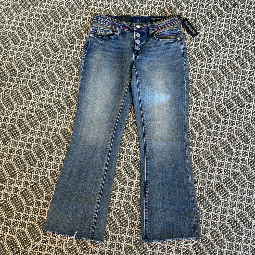 BLANKNYC The Varick Kick Flare Colorful Embroidered Rainbow Button Fly Jeans NWT